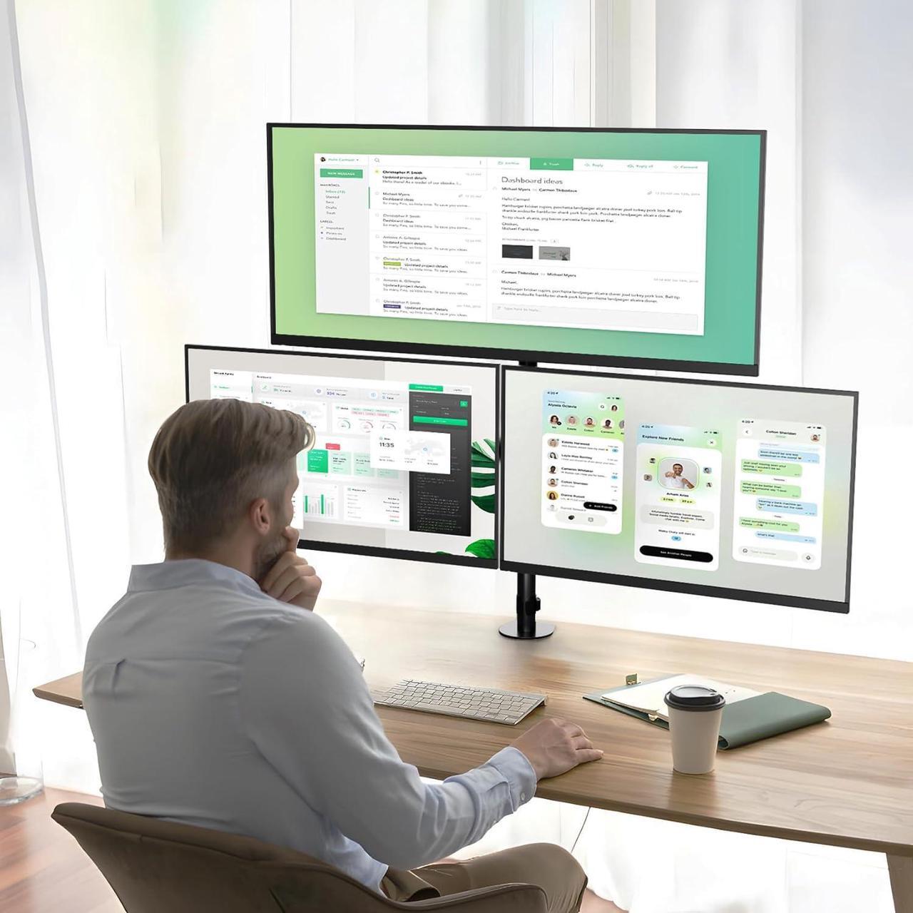 Alt view image 2 of 7 - Triple Monitor Desk Mount for 17 to 32 inch Screens,Each Arm Holds up 17.6 lbs,3 Monitor Stand with Tilt,Swivel,Rotate,VESA Mount 75/100x100mm
