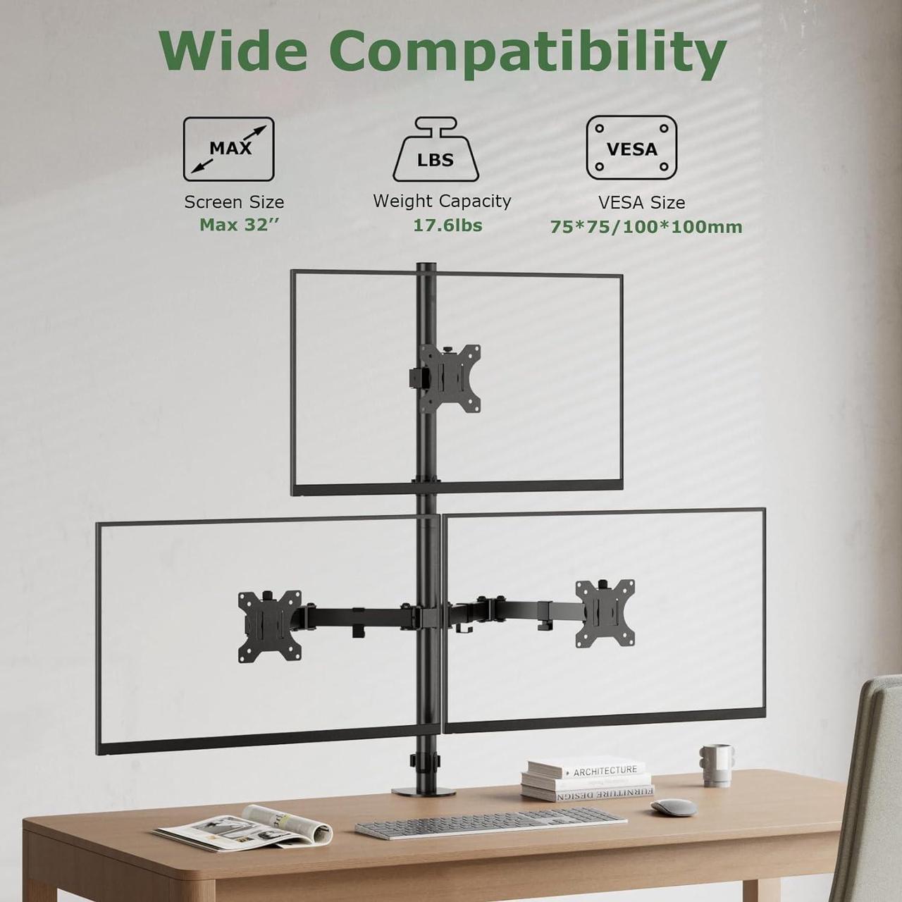 Alt view image 3 of 7 - Triple Monitor Desk Mount for 17 to 32 inch Screens,Each Arm Holds up 17.6 lbs,3 Monitor Stand with Tilt,Swivel,Rotate,VESA Mount 75/100x100mm