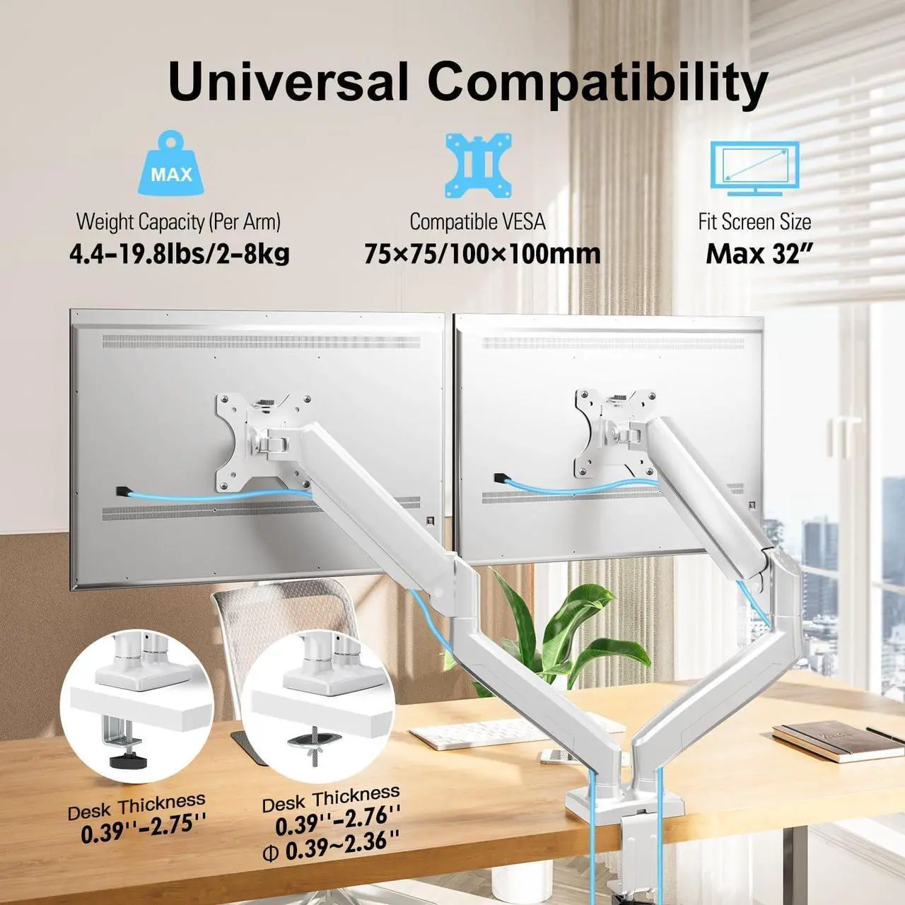 Alt view image 6 of 7 - Dual Monitor Mount Fits 13 to 32 Inch Computer Screen, Dual Monitor Arm Hold up to 19.8lbs Each, Full Motion Monitor Desk Mounts for 2 Monitors, Gas Spring Monitor Stand, VESA Mount, White