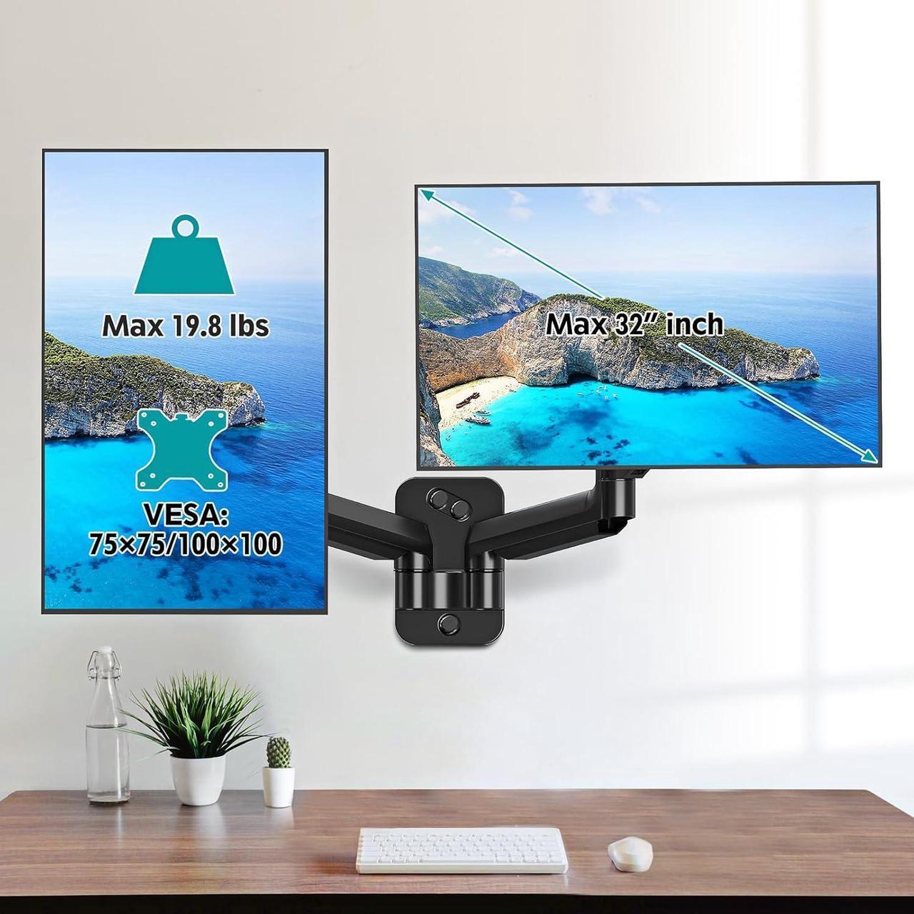 Alt view image 3 of 7 - Dual Monitor Wall Mount for 13 to 32 Inch Computer Screens, Monitor Mounts for 2 Monitors Holds Up to 19.8lbs Each,Full Motion Gas Spring Monitor Arm with VESA 75x75/100x100