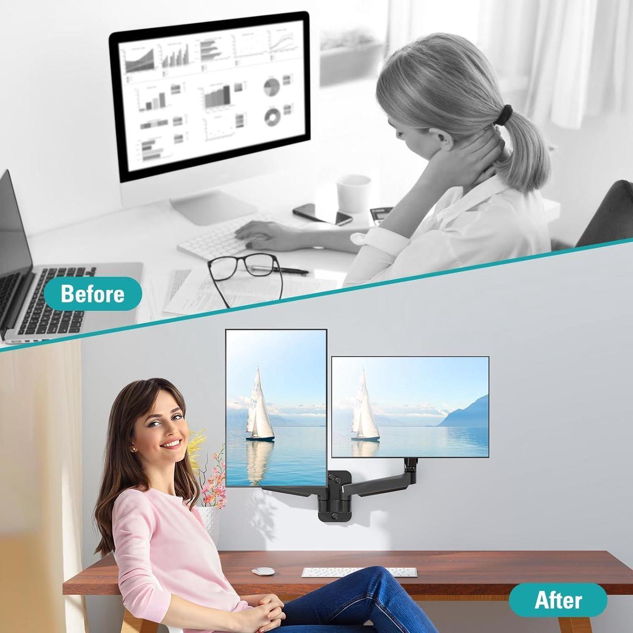 Alt view image 7 of 7 - Dual Monitor Wall Mount for 13 to 32 Inch Computer Screens, Monitor Mounts for 2 Monitors Holds Up to 19.8lbs Each,Full Motion Gas Spring Monitor Arm with VESA 75x75/100x100