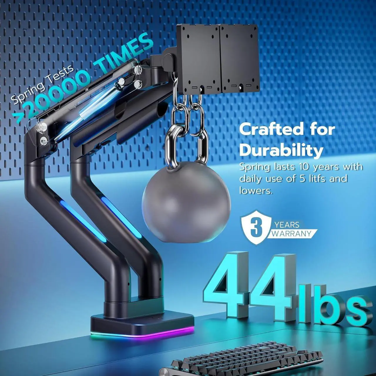 Alt view image 2 of 7 - Dual Monitor Stand for 44 Lbs, Fits 17-35 Inch, RGB Gaming 2 Monitor Desk Mount, Adjustable Gas Spring Clamp and Grommet Heavy Duty Dual Monitor Arm Desk Mount with 75/100 Vesa Mount, Black