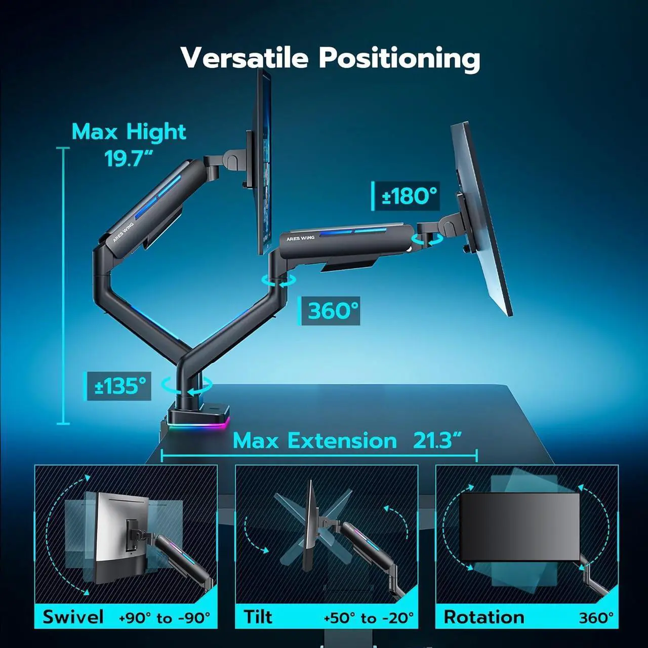 Alt view image 3 of 7 - Dual Monitor Stand for 44 Lbs, Fits 17-35 Inch, RGB Gaming 2 Monitor Desk Mount, Adjustable Gas Spring Clamp and Grommet Heavy Duty Dual Monitor Arm Desk Mount with 75/100 Vesa Mount, Black
