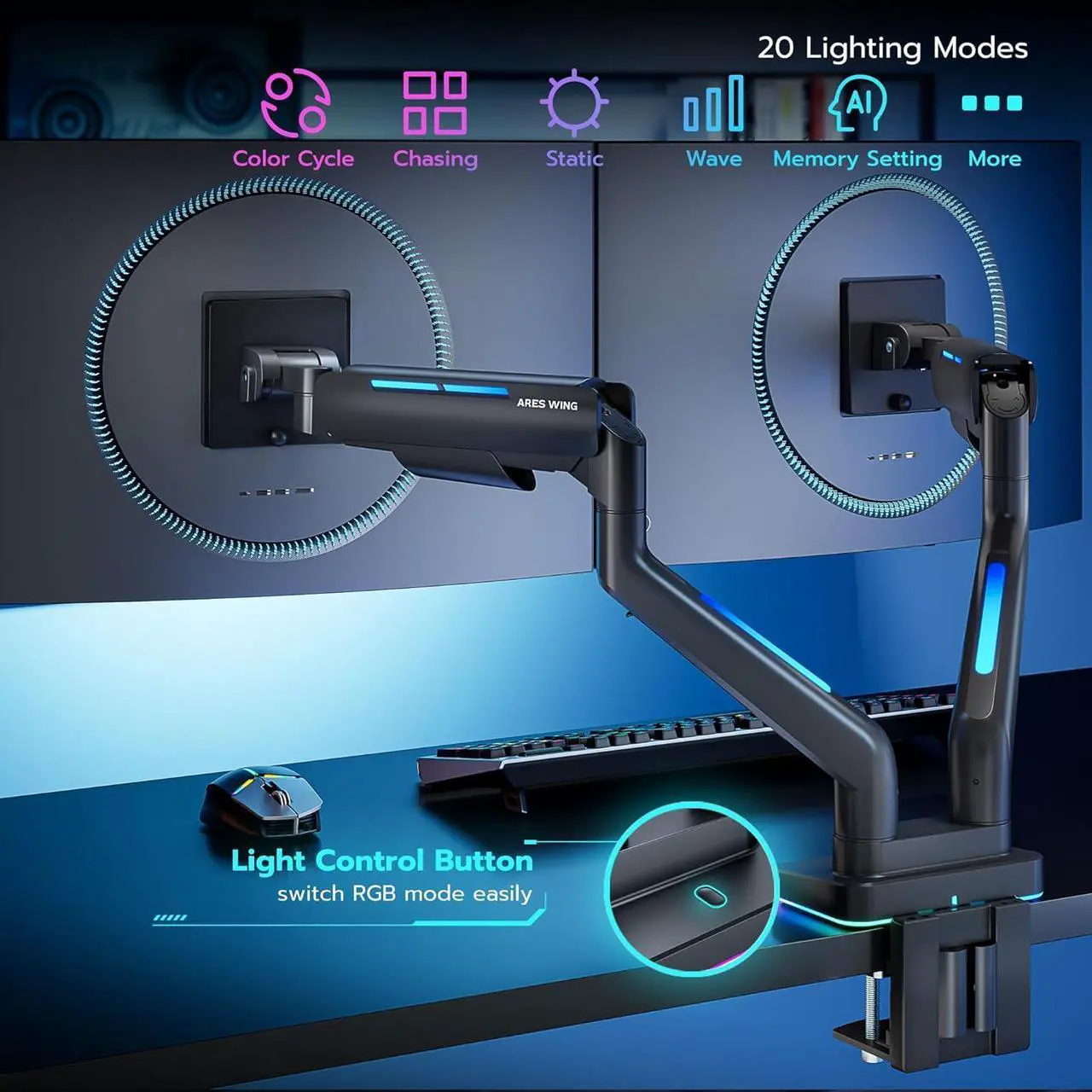 Alt view image 6 of 7 - Dual Monitor Stand for 44 Lbs, Fits 17-35 Inch, RGB Gaming 2 Monitor Desk Mount, Adjustable Gas Spring Clamp and Grommet Heavy Duty Dual Monitor Arm Desk Mount with 75/100 Vesa Mount, Black