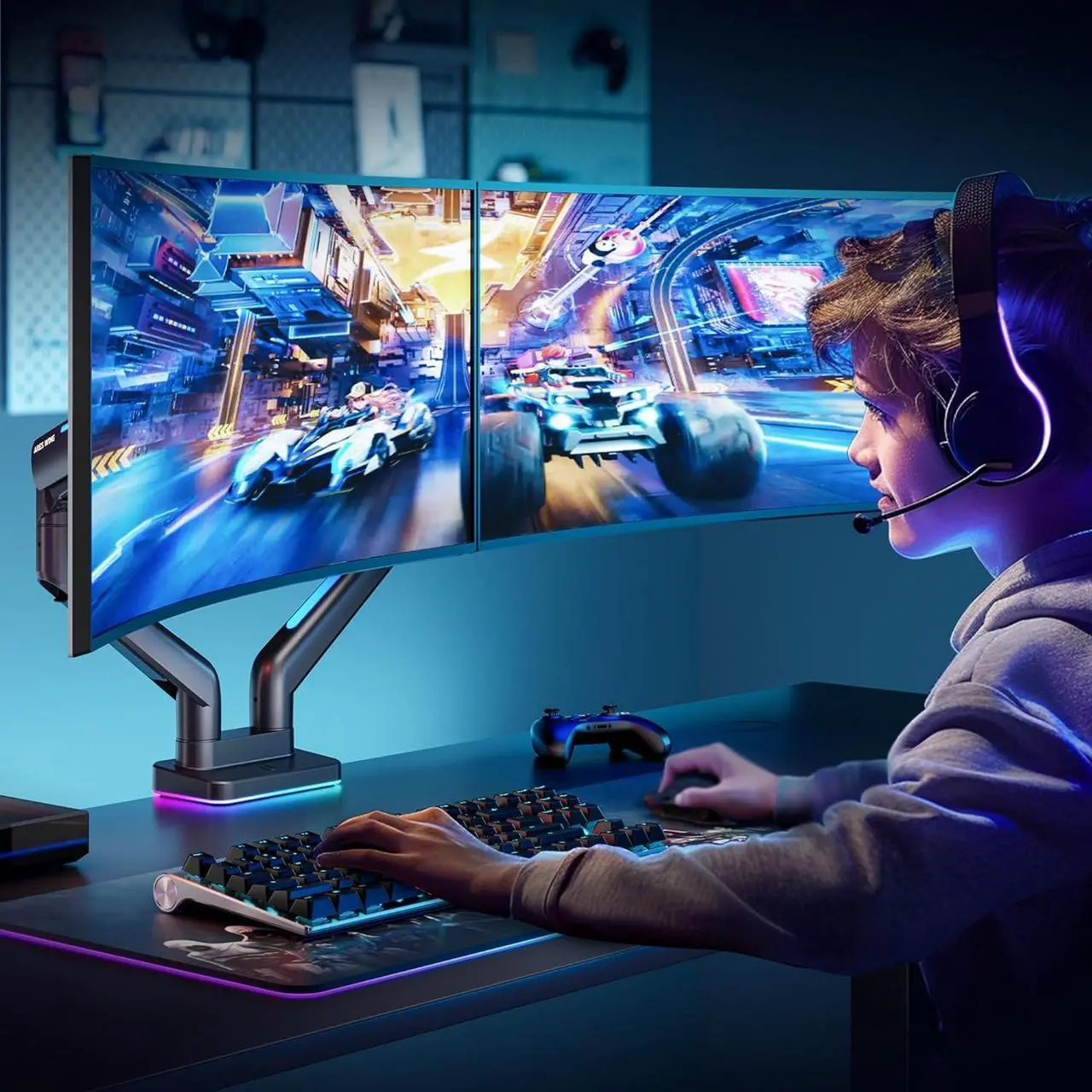 Alt view image 4 of 7 - Dual Monitor Stand for 44 Lbs, Fits 17-35 Inch, RGB Gaming 2 Monitor Desk Mount, Adjustable Gas Spring Clamp and Grommet Heavy Duty Dual Monitor Arm Desk Mount with 75/100 Vesa Mount, Black
