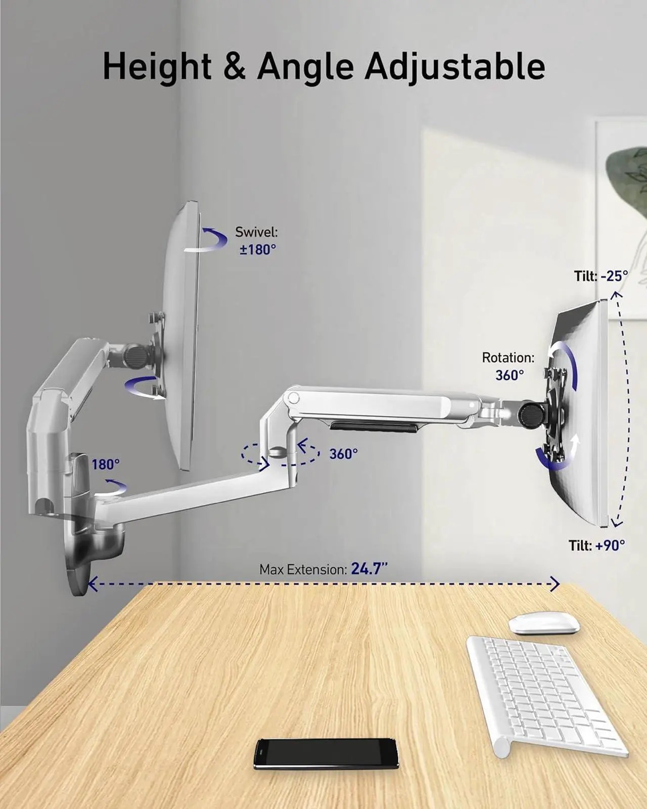 Alt view image 2 of 6 - Single Monitor Wall Mount for Flat/Curved Monitors up to 38" within 25lbs, Full Motion Adjustable Wall Mount Monitor Arm, 75x75/100x100mm VESA Wall Mount Arm with Cable Management, Silver