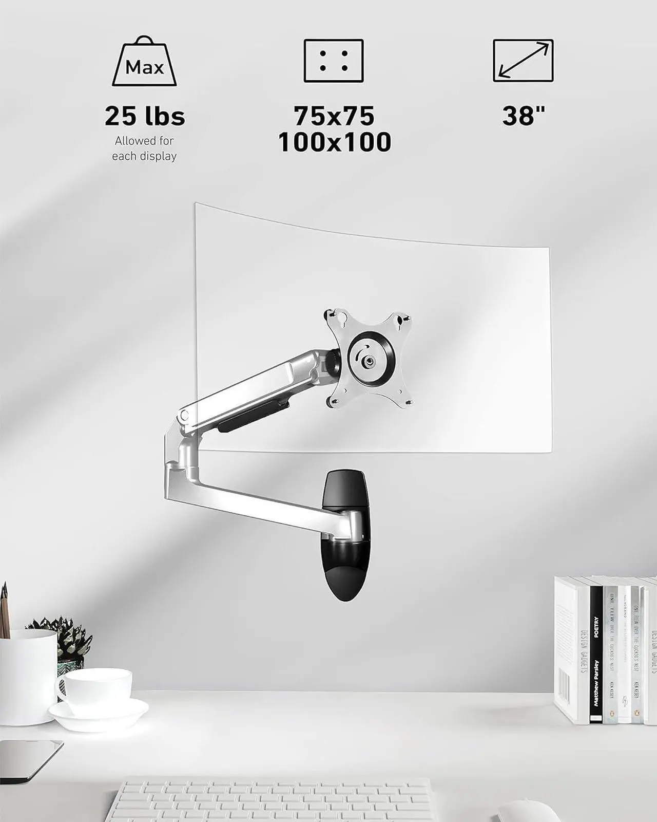 Alt view image 4 of 6 - Single Monitor Wall Mount for Flat/Curved Monitors up to 38" within 25lbs, Full Motion Adjustable Wall Mount Monitor Arm, 75x75/100x100mm VESA Wall Mount Arm with Cable Management, Silver