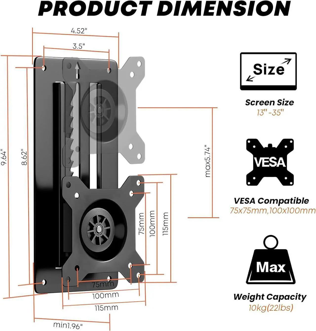Alt view image 4 of 7 - PUTORSEN Premium Height Adjustable Monitor Wall Mount up to 35 inch Ultrawide Screens, Low Profile VESA Wall Mount Monitor Holds up to 22lbs, Full Motion Computer Monitor Mount Wall, VESA 75/100,Black