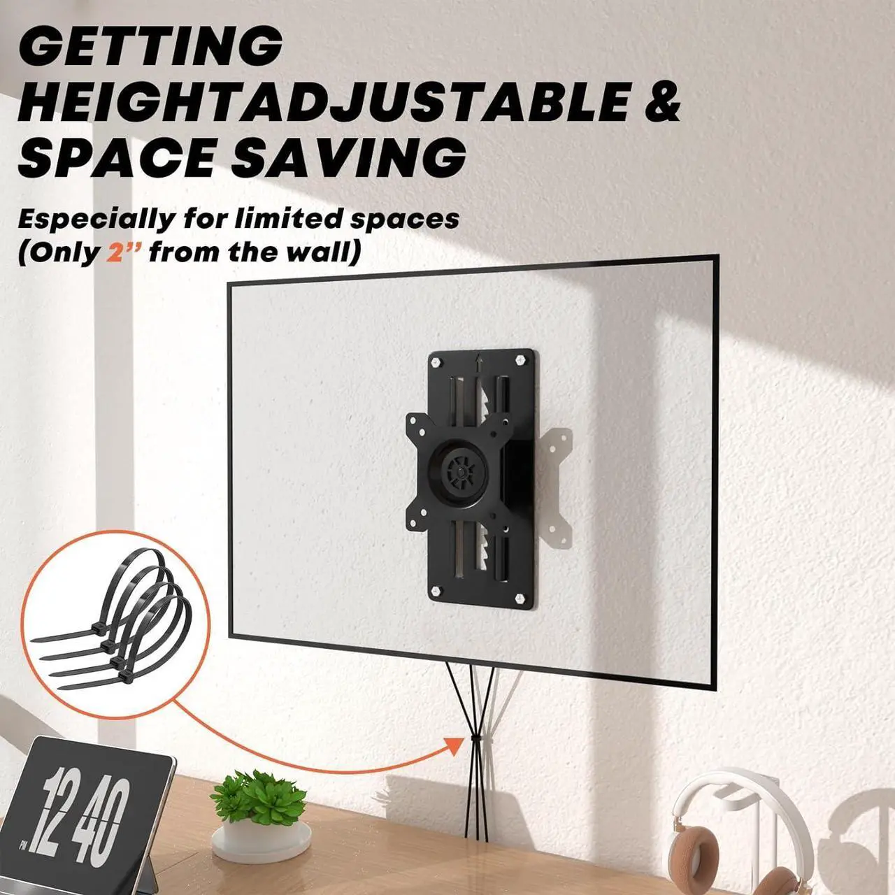 Alt view image 3 of 7 - PUTORSEN Premium Height Adjustable Monitor Wall Mount up to 35 inch Ultrawide Screens, Low Profile VESA Wall Mount Monitor Holds up to 22lbs, Full Motion Computer Monitor Mount Wall, VESA 75/100,Black