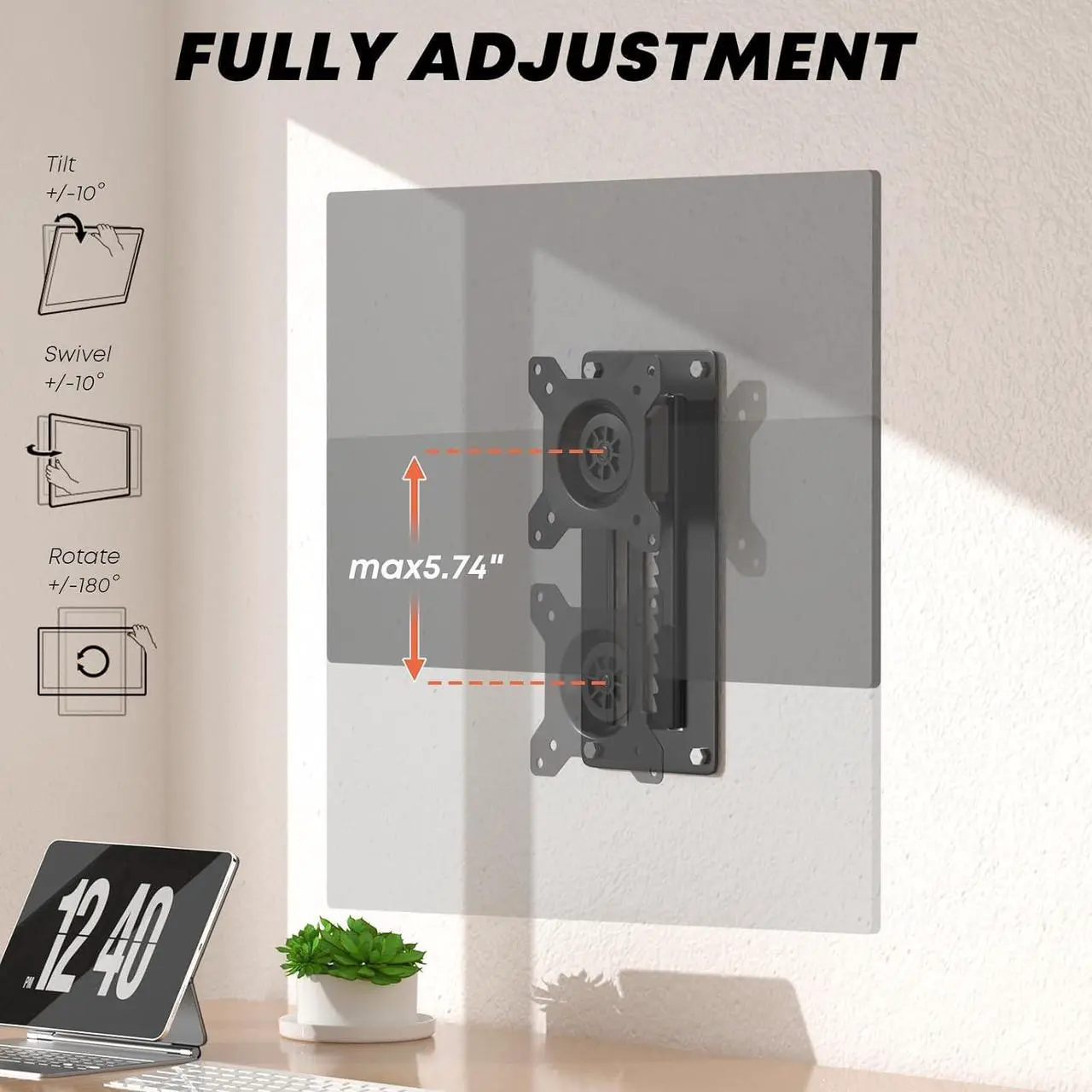 Alt view image 5 of 7 - PUTORSEN Premium Height Adjustable Monitor Wall Mount up to 35 inch Ultrawide Screens, Low Profile VESA Wall Mount Monitor Holds up to 22lbs, Full Motion Computer Monitor Mount Wall, VESA 75/100,Black