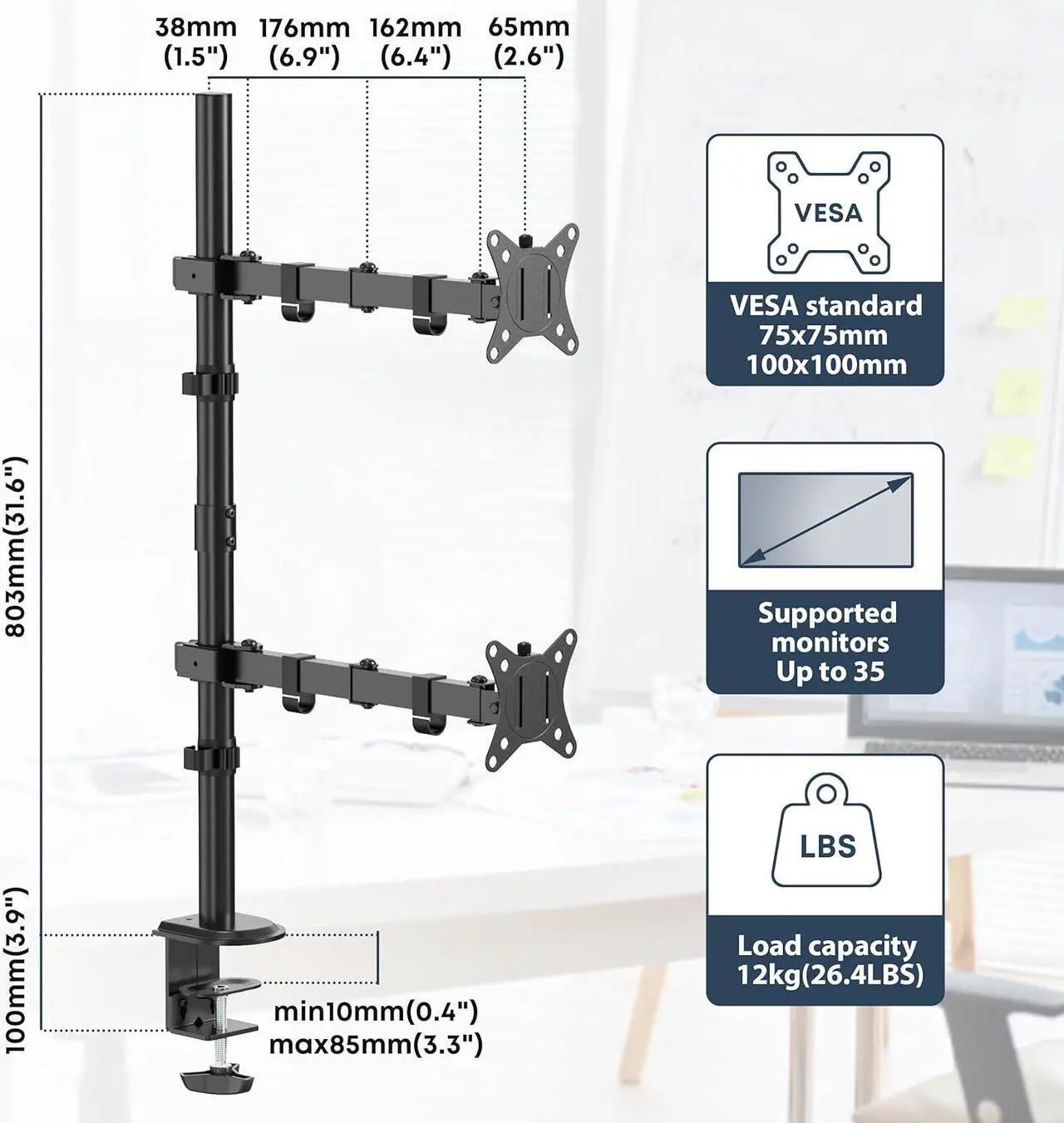 Alt view image 3 of 7 - Dual Monitor Stand- Vertical Stack Monitor Desk Mount for Two Screens Up to 35 Inch Height Adjustable Screen Supports with Swivel, Tilt, Rotation, C-Clamp and Grommet Bases