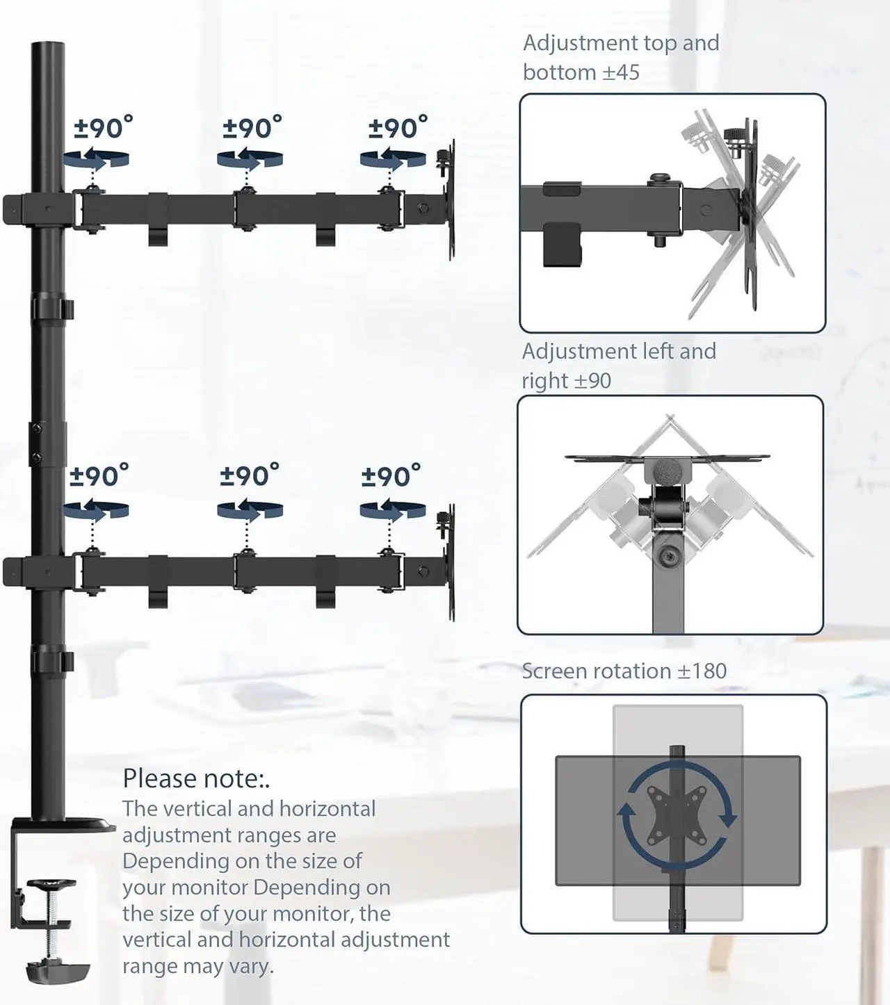 Alt view image 4 of 7 - Dual Monitor Stand- Vertical Stack Monitor Desk Mount for Two Screens Up to 35 Inch Height Adjustable Screen Supports with Swivel, Tilt, Rotation, C-Clamp and Grommet Bases