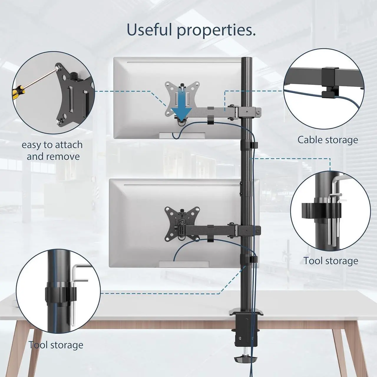 Alt view image 7 of 7 - Dual Monitor Stand- Vertical Stack Monitor Desk Mount for Two Screens Up to 35 Inch Height Adjustable Screen Supports with Swivel, Tilt, Rotation, C-Clamp and Grommet Bases