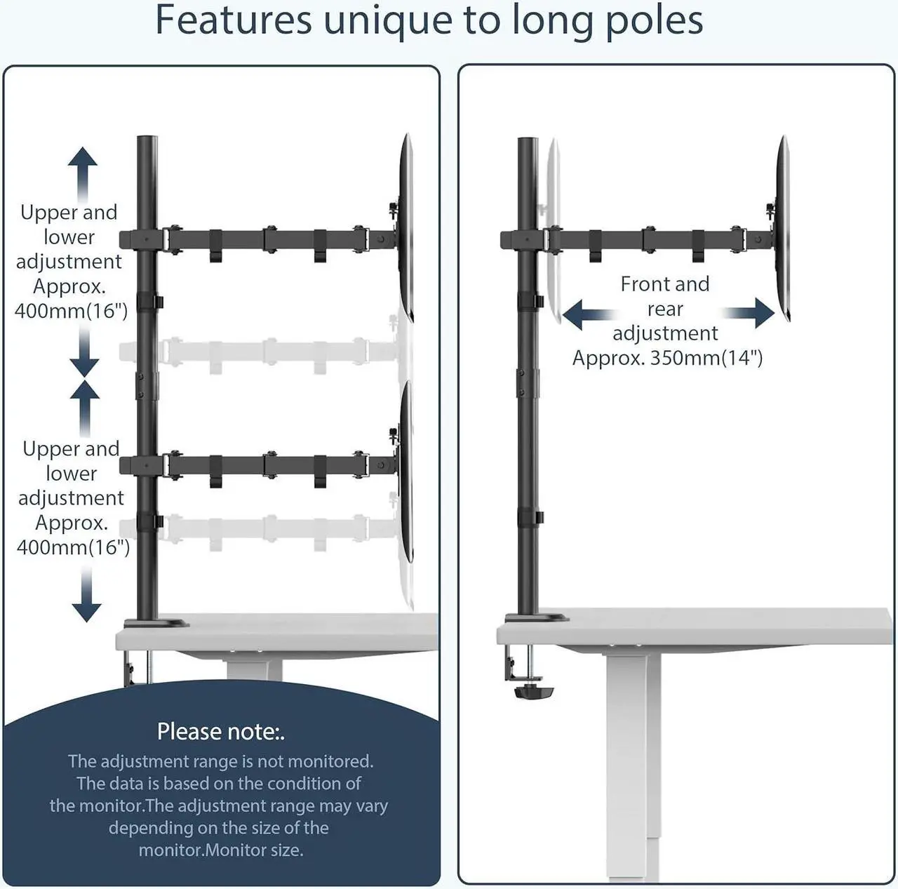 Alt view image 5 of 7 - Dual Monitor Stand- Vertical Stack Monitor Desk Mount for Two Screens Up to 35 Inch Height Adjustable Screen Supports with Swivel, Tilt, Rotation, C-Clamp and Grommet Bases