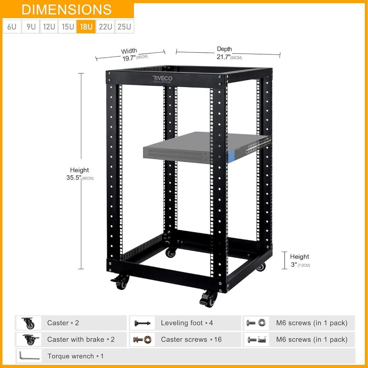 Alt view image 3 of 6 - RIVECO 18U Open Frame Server Rack with Brake Casters- Heavy Duty 4 Post Quick Assembly 19-inch Rack Network Durable Black