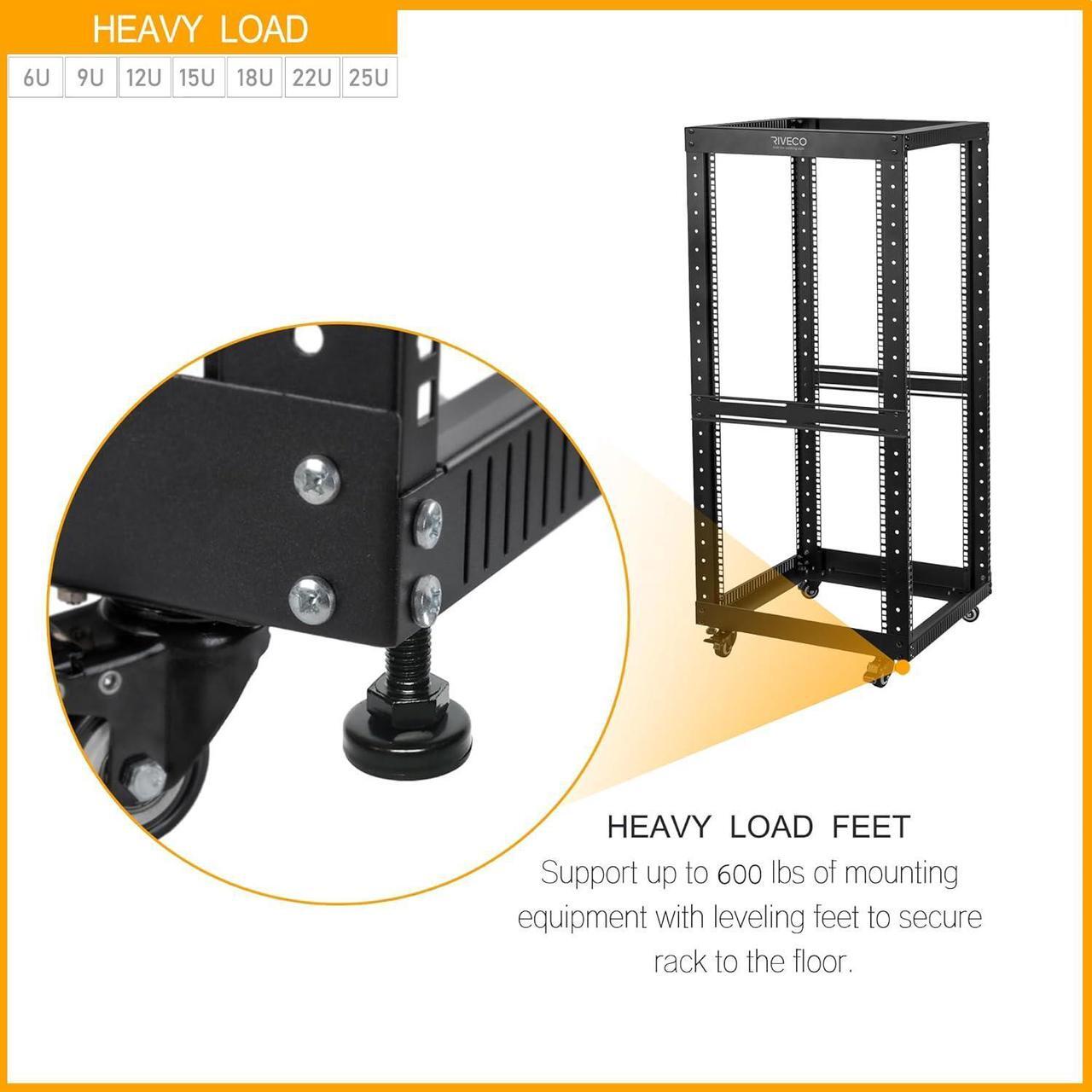 Alt view image 5 of 6 - RIVECO 18U Open Frame Server Rack with Brake Casters- Heavy Duty 4 Post Quick Assembly 19-inch Rack Network Durable Black