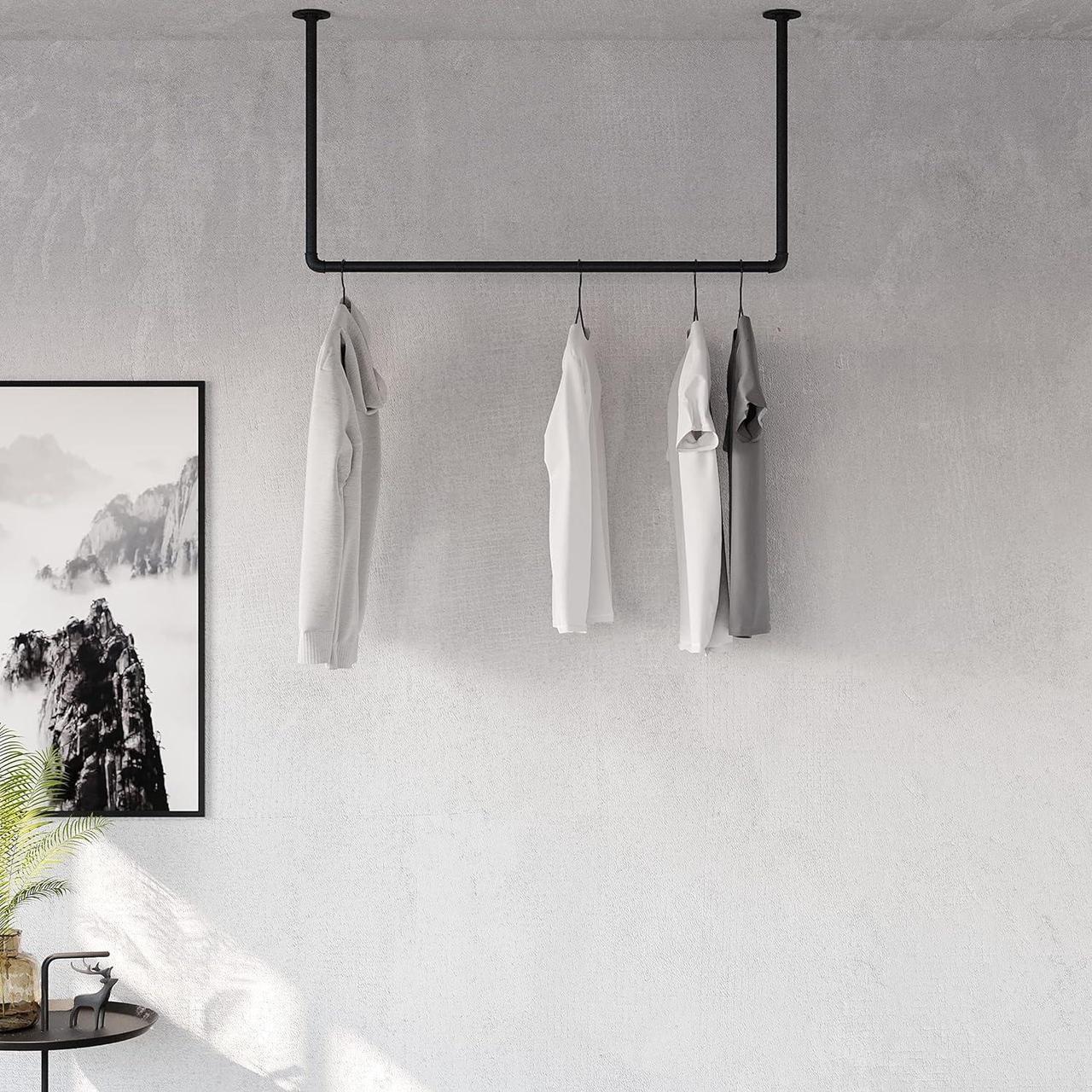 Main image of pamo clothes rail industrial loft design - HANG LOW - clothing rack for walk-in wardrobe I bedroom or bath - clothes rack made of black sturdy water pipes/ tubes with wall mounting