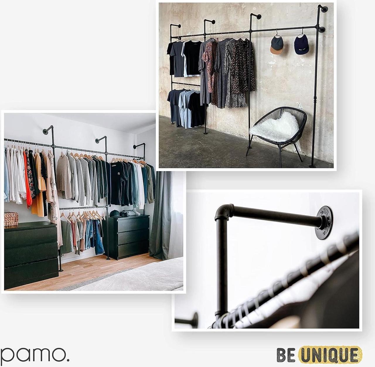 Alt view image 7 of 7 - pamo clothes rail industrial loft design - HANG LOW - clothing rack for walk-in wardrobe I bedroom or bath - clothes rack made of black sturdy water pipes/ tubes with wall mounting