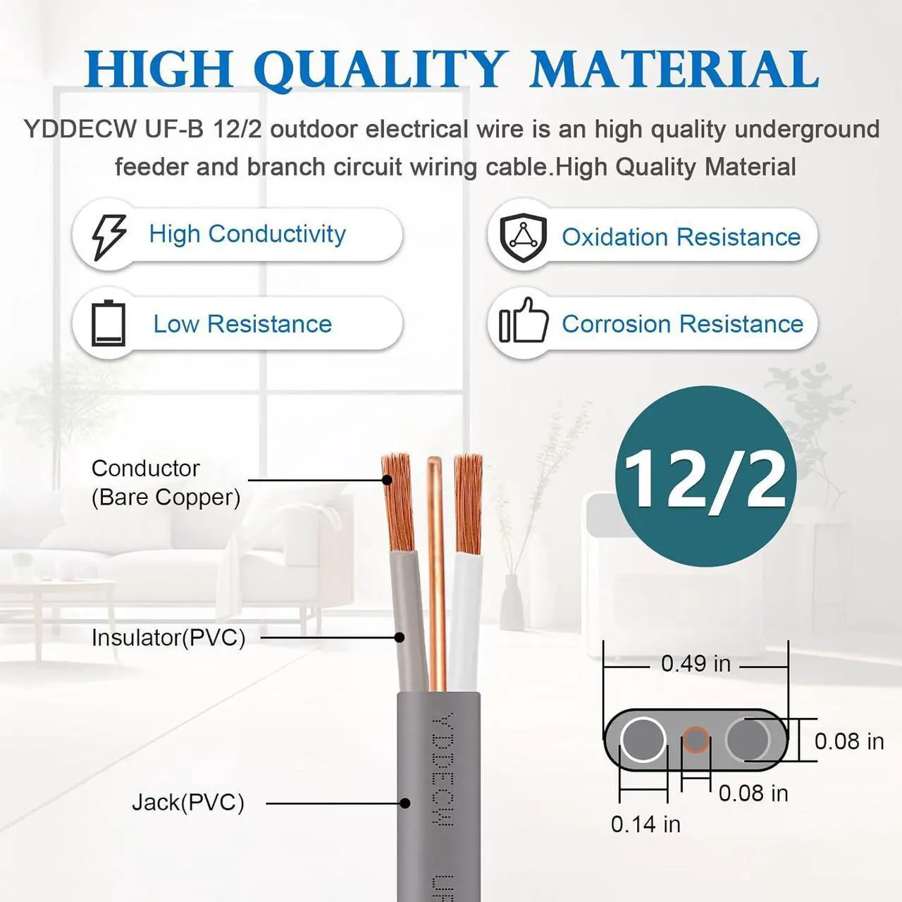 Alt view image 2 of 7 - 12/2 UF-B Wire - 75FT 100% Pure Copper 12AWG 2 Direct Burial Electrical Cable for Underground Feeder Wet or Corrosive Locations Indoor & Outdoor etc
