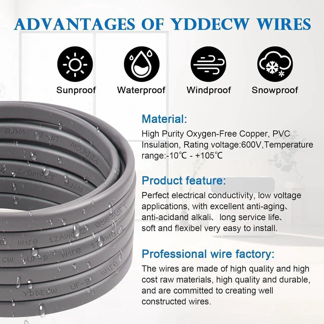 Alt view image 3 of 7 - 12/2 UF-B Wire - 75FT 100% Pure Copper 12AWG 2 Direct Burial Electrical Cable for Underground Feeder Wet or Corrosive Locations Indoor & Outdoor etc