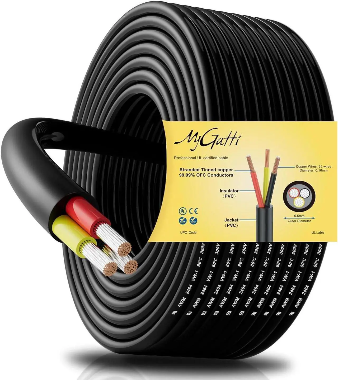 Main image of 16 Gauge 3 Conductor Electrical Wire 100FT, 16AWG UL 2464 Stranded Power Cable, Tinned Oxygen Free Copper Wire, Lamp Lighting, Automotive, LED Strips, 16/3 Cord Extension Low Voltage Cable, Black