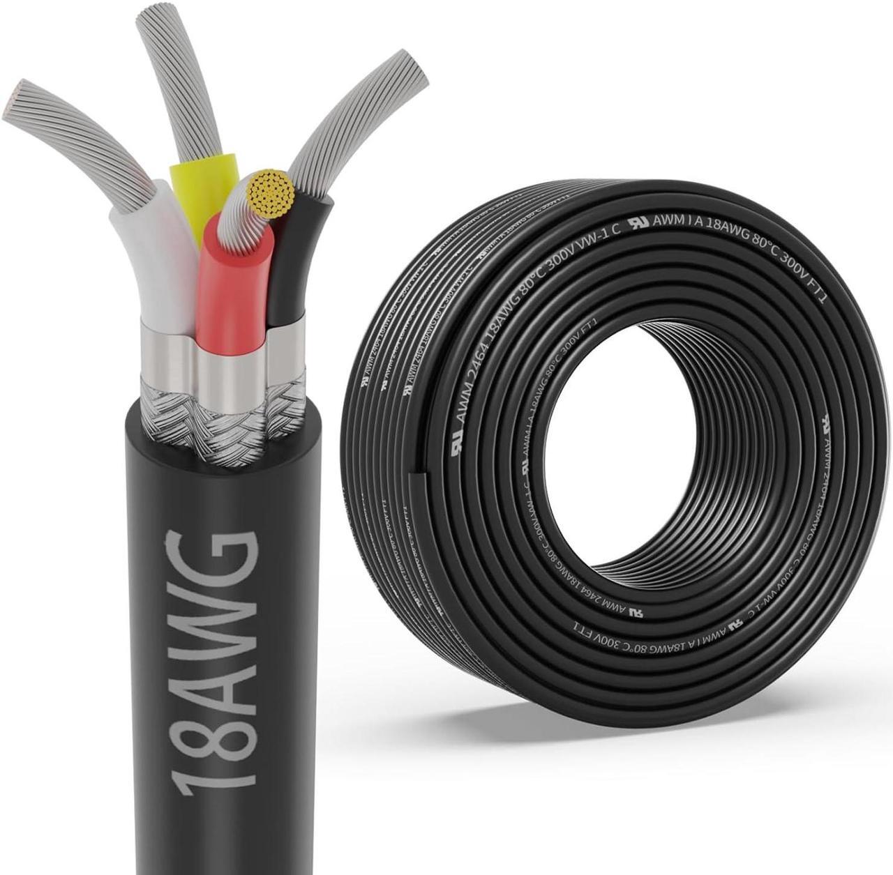 Main image of 18 Gauge 4 Conductor Shielded Wire 25FT, UL2464 18 AWG CNC 4 Wire Cable Tinned Copper Stranded 18/4 CNC Wire for CNC VFD Spindle, Stepper Motor, 3D Printer, Sound, Speaker, Signal Transmission, etc.