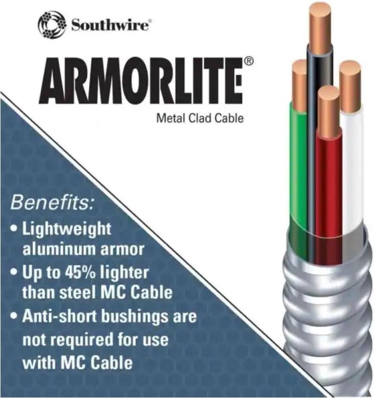 Alt view image 3 of 3 - Southwire 10/3 125 ft Aluminum Armorlite Metal Clad Cable (Silver), Sliver