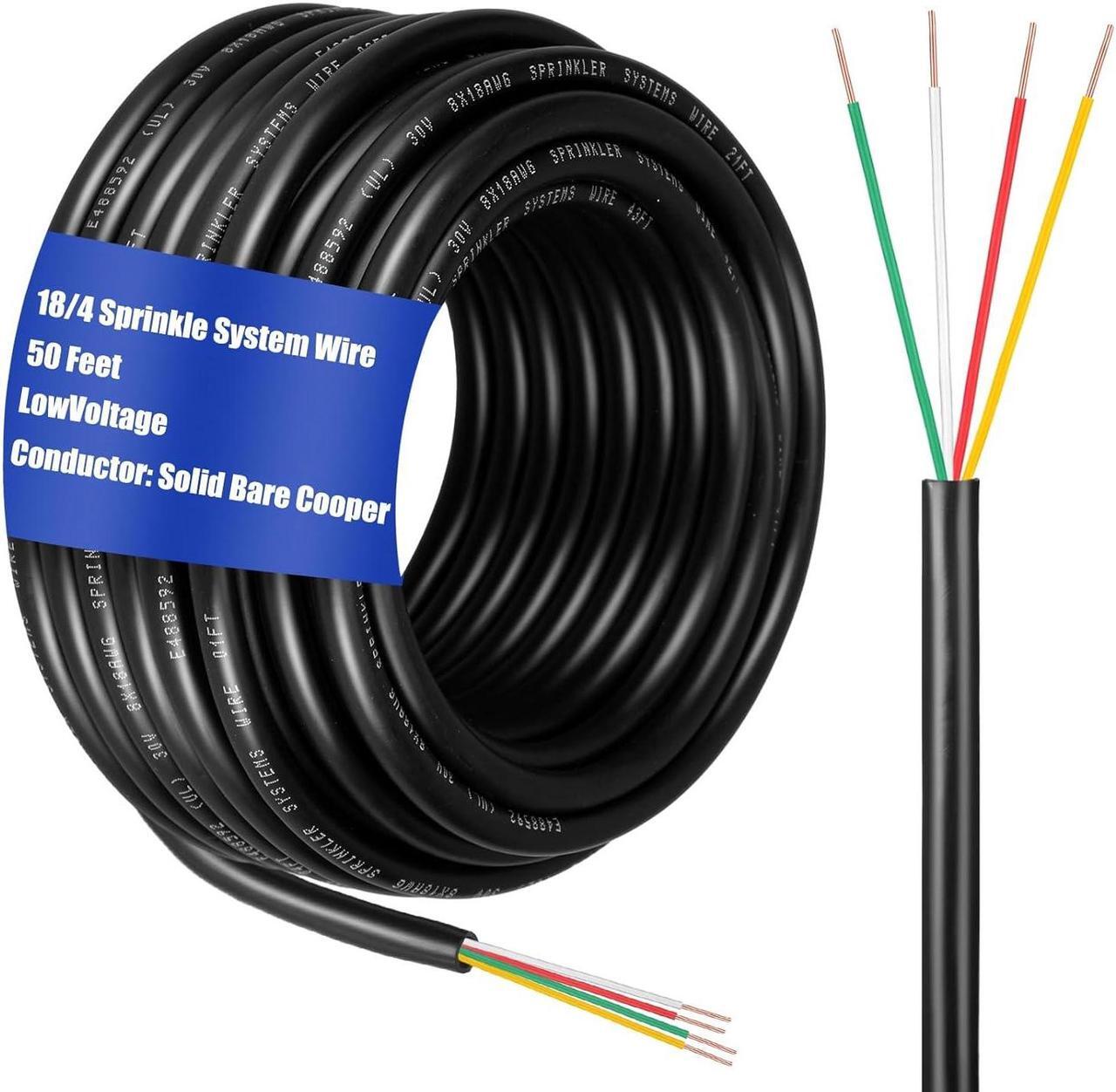 Main image of Hoolerry Solid Sprinkler System Wire 18 Gauge Irrigation Wire with UV Resistant PVC Jacket Sprinkler Cable for Underground Irrigation System Field Central Control System 30V, UL Listed (18/4, 50 Ft)