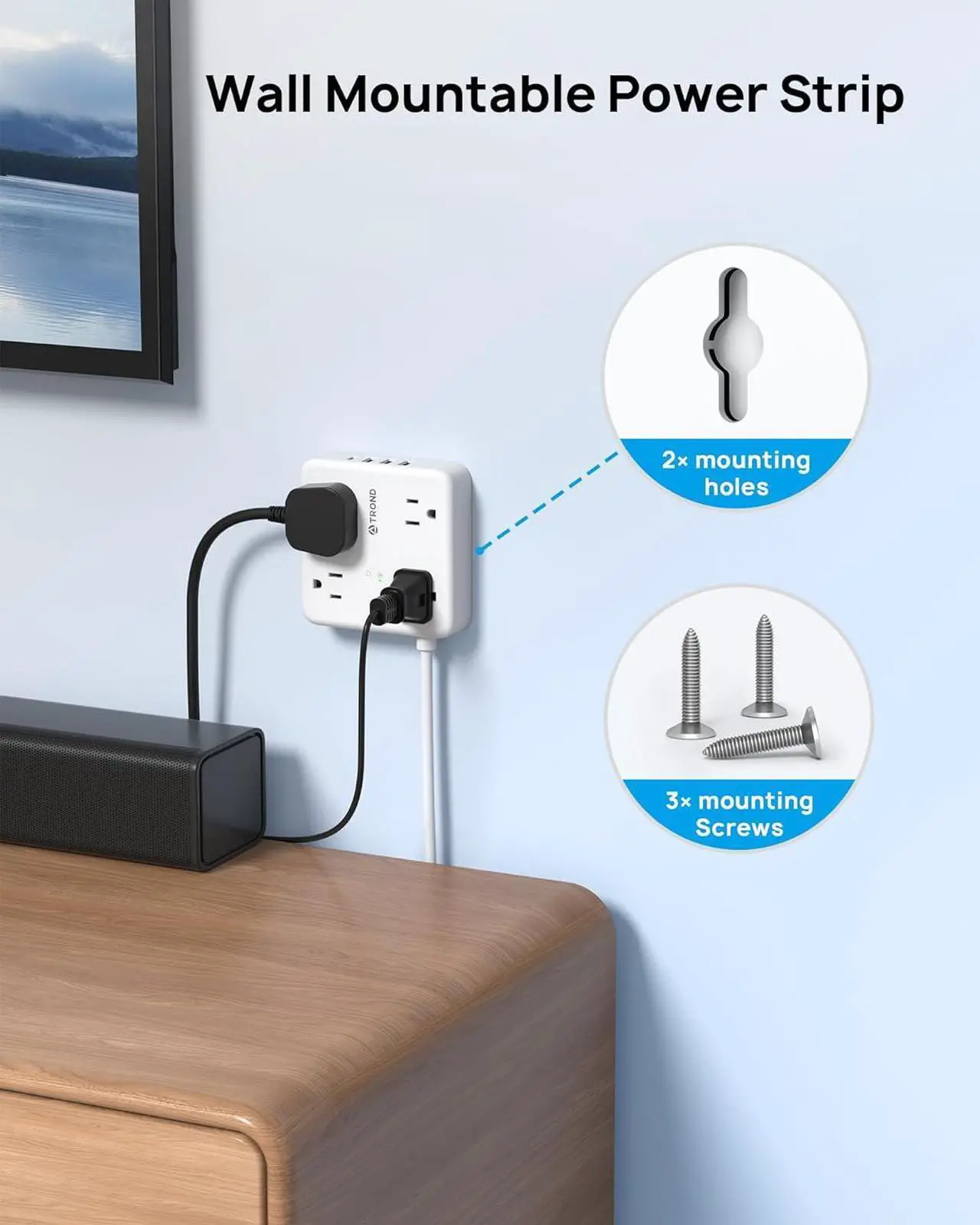 Alt view image 4 of 7 - TROND Surge Protector Power Strip with USB Ports, 5ft Flat Plug Extension Cord with Multiple Outlets, 1440J, Wall Mount for Home Office Dorm Room Essentials, White