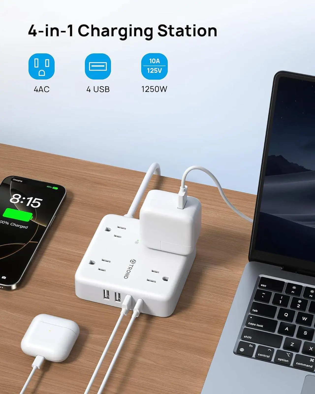 Alt view image 5 of 7 - TROND Surge Protector Power Strip with USB Ports, 5ft Flat Plug Extension Cord with Multiple Outlets, 1440J, Wall Mount for Home Office Dorm Room Essentials, White