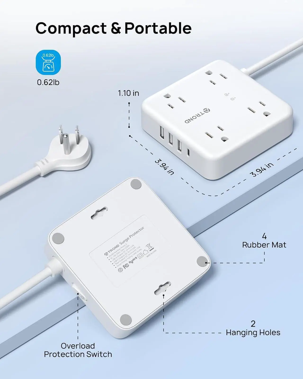 Alt view image 7 of 7 - TROND Surge Protector Power Strip with USB Ports, 5ft Flat Plug Extension Cord with Multiple Outlets, 1440J, Wall Mount for Home Office Dorm Room Essentials, White
