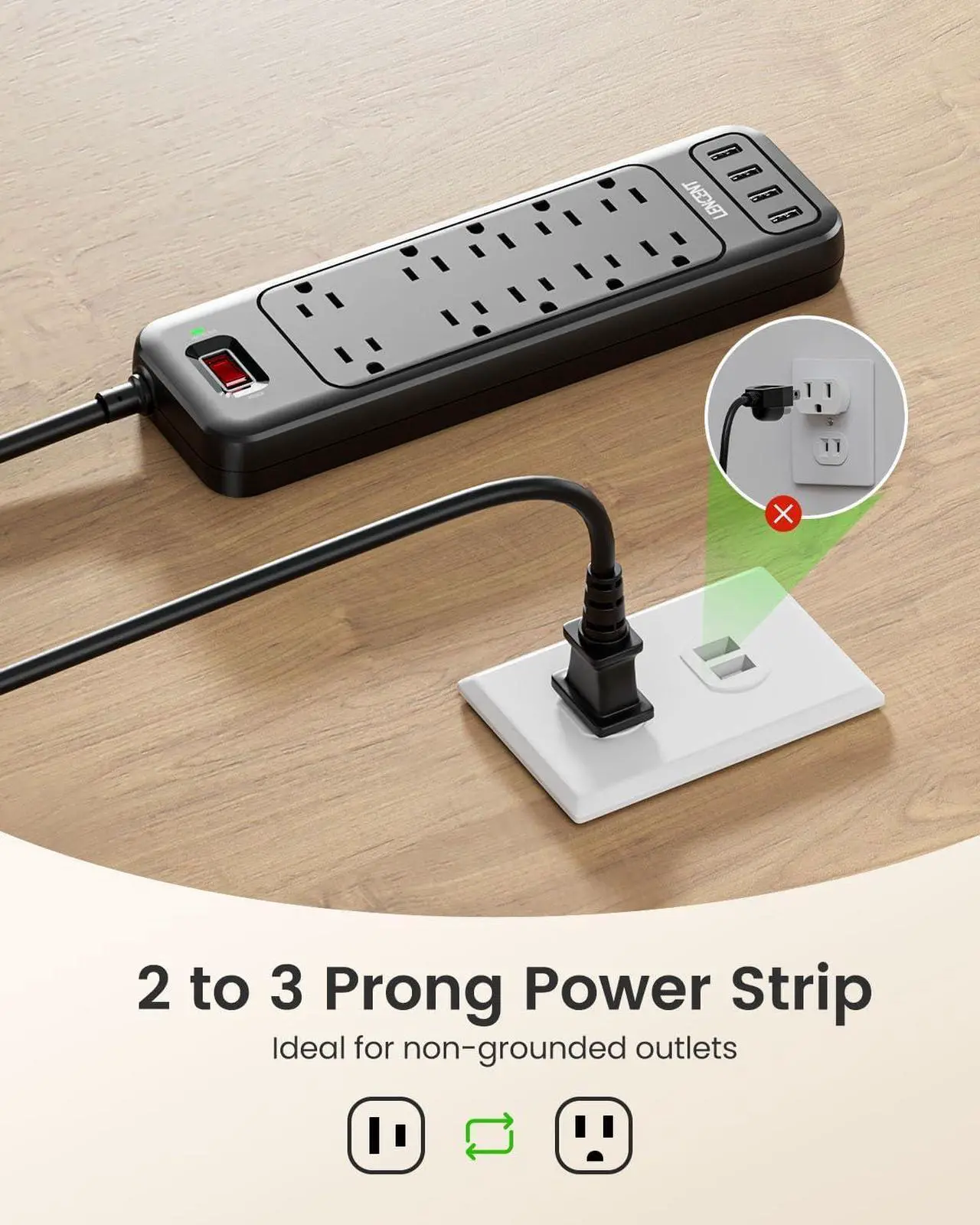 Alt view image 2 of 7 - LENCENT 2 Prong Power Strip, Polarized 3 Prong to 2 Prong Outlet Adapter, 1700J Surge Protector, 6ft Extension Cord, 10 AC Outlets & 4 USB(5V 3.4A Max), Wall Mountable, Ideal for Non-Grounded Outlets
