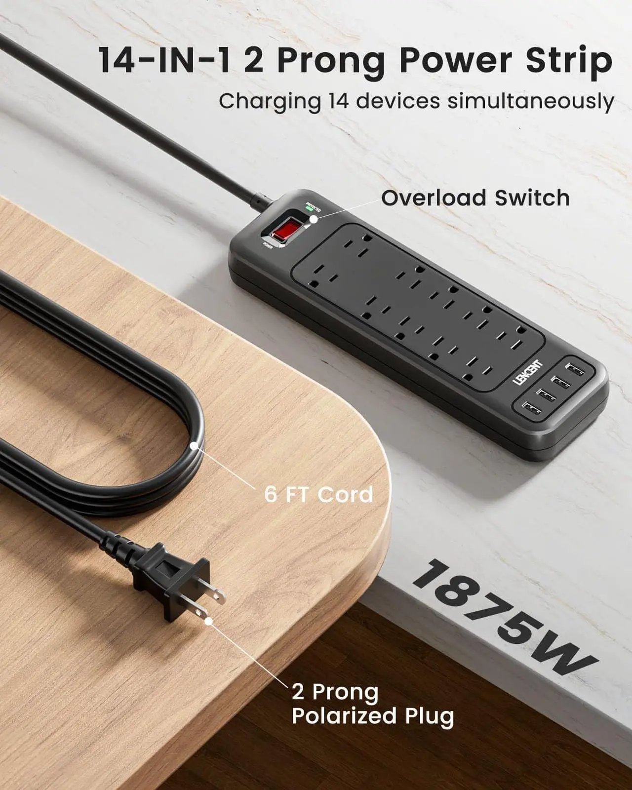 Alt view image 3 of 7 - LENCENT 2 Prong Power Strip, Polarized 3 Prong to 2 Prong Outlet Adapter, 1700J Surge Protector, 6ft Extension Cord, 10 AC Outlets & 4 USB(5V 3.4A Max), Wall Mountable, Ideal for Non-Grounded Outlets
