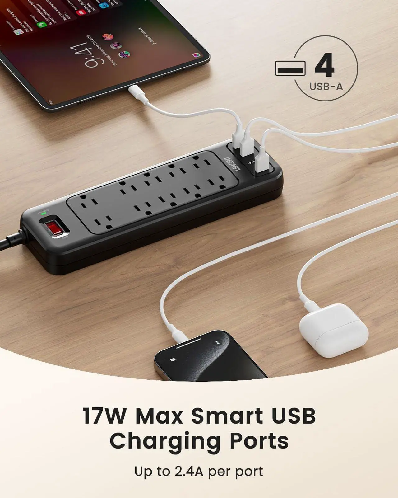 Alt view image 6 of 7 - LENCENT 2 Prong Power Strip, Polarized 3 Prong to 2 Prong Outlet Adapter, 1700J Surge Protector, 6ft Extension Cord, 10 AC Outlets & 4 USB(5V 3.4A Max), Wall Mountable, Ideal for Non-Grounded Outlets