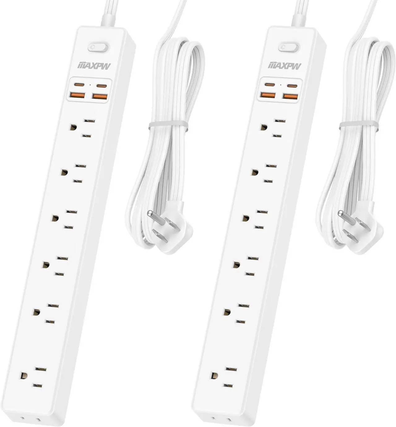 Main image of 2 Pack Power Strip Surge Protector - 7 Outlets 4 USB Ports (2 USB C), 6 Ft Ultra Thin Flat Plug Extension Cord, 1875W/15A, 1700 Joules, Wall Mount for Home Office Dorm, White