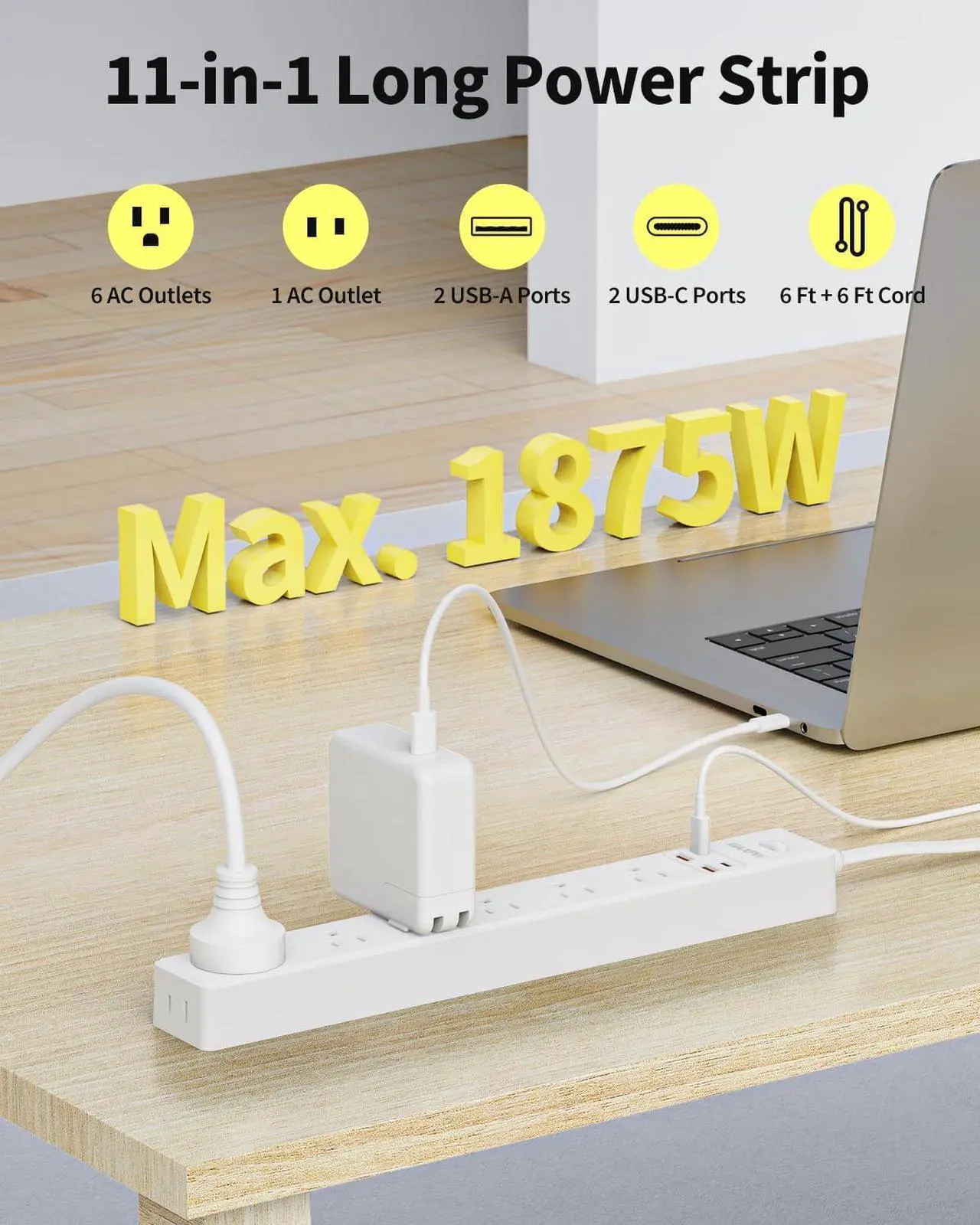 Alt view image 2 of 7 - 2 Pack Power Strip Surge Protector - 7 Outlets 4 USB Ports (2 USB C), 6 Ft Ultra Thin Flat Plug Extension Cord, 1875W/15A, 1700 Joules, Wall Mount for Home Office Dorm, White