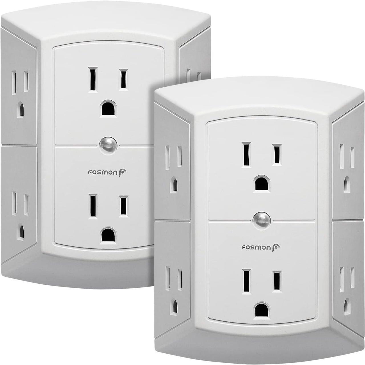 Main image of Fosmon 6-Outlet Wall Plug, Six Plug Outlet Adapter, Multiple 6 Way Wall Plug Extender for Travel, Cruise, Dorm, Home and Office, 15A 125V 1875W, 3 Prong, 2 Pack
