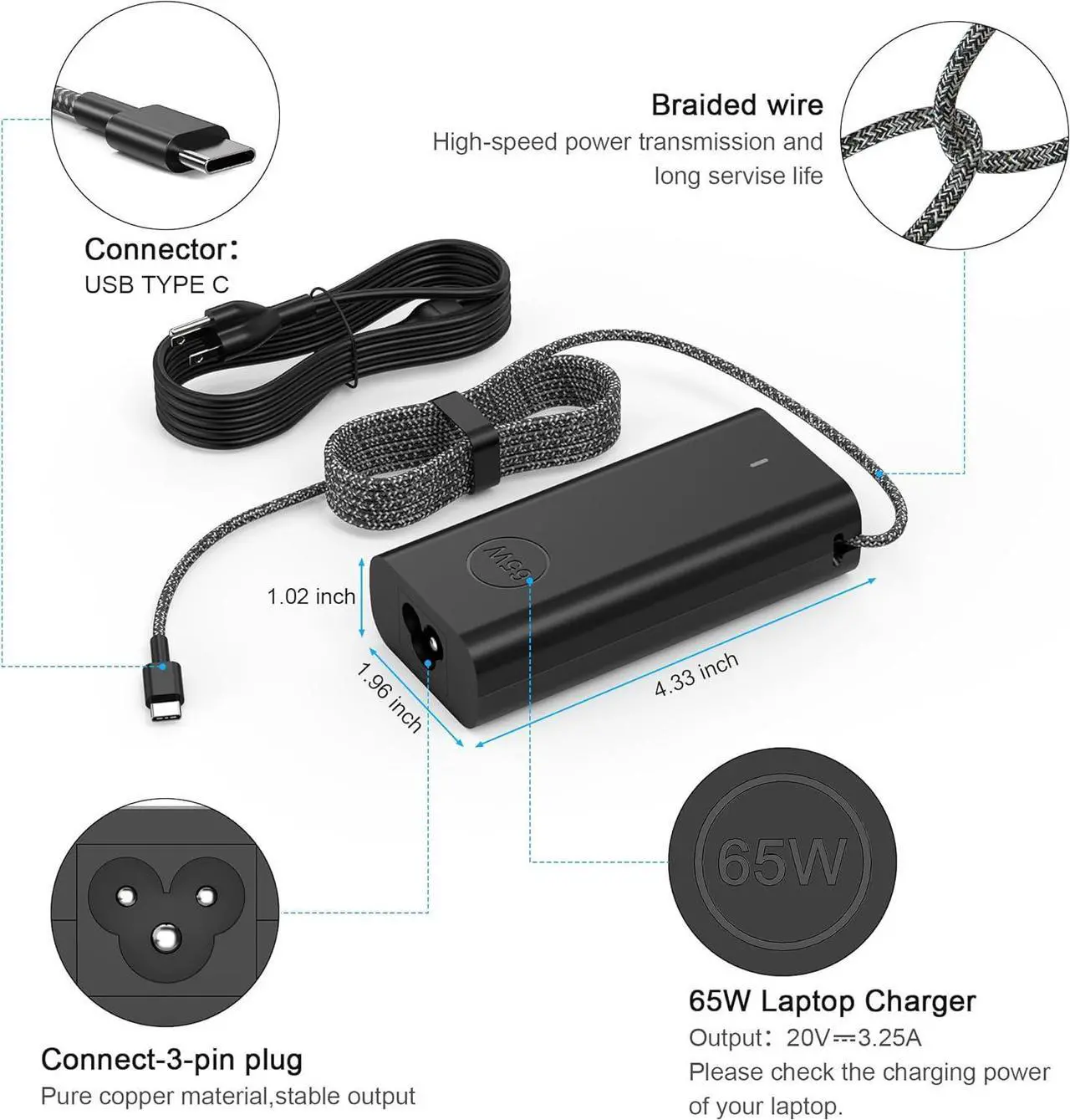 Alt view image 3 of 7 - New Rugged Slim 65W USB C Laptop Charger Compatible with Dell Chromebook 3100 XPS 12 13,Pro 13 14 16,Latitude 3000 5000 Series,Dell Laptop Charger LA65NM190,0WMDHR,Type C AC Power Adapter