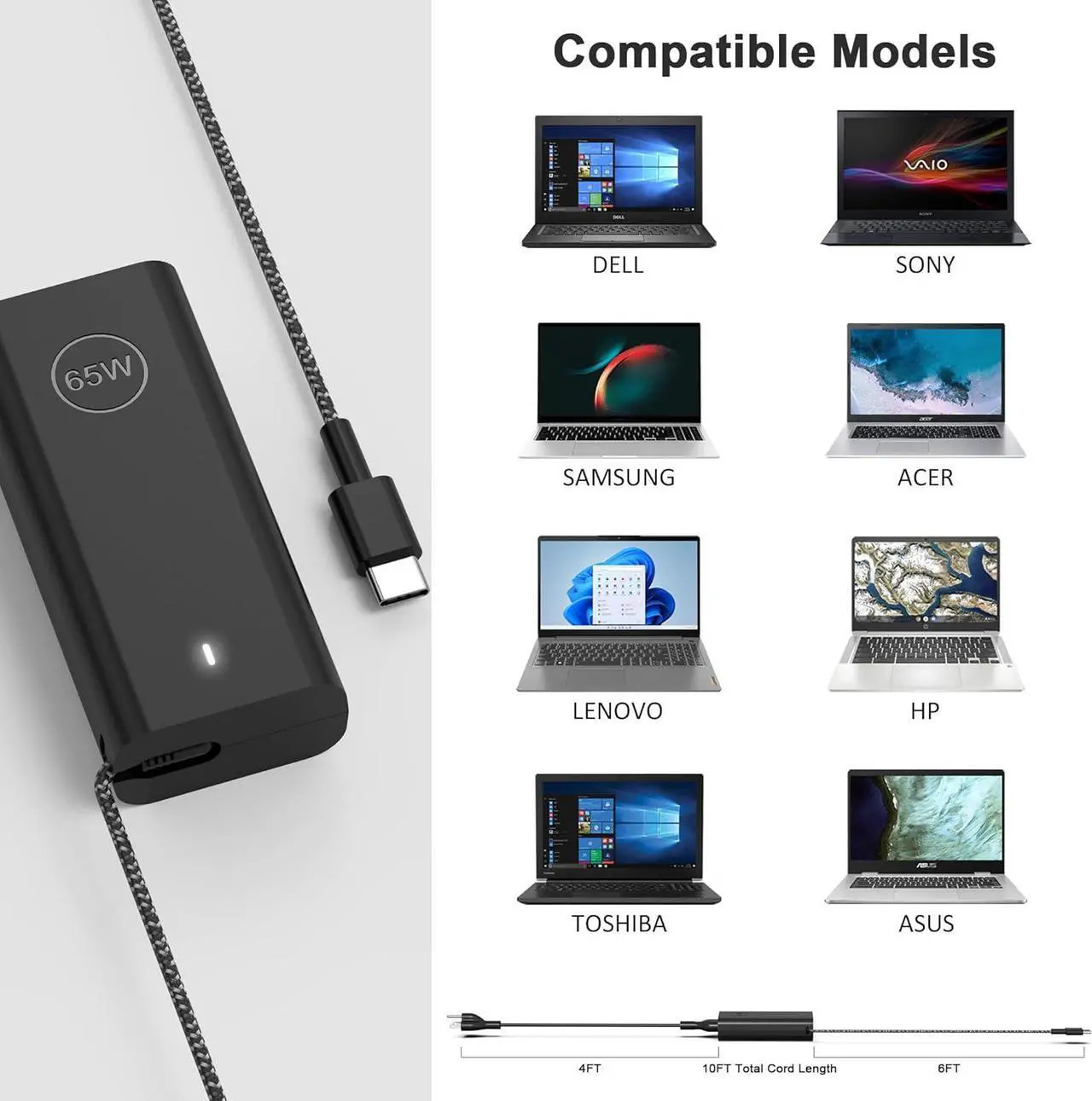 Alt view image 7 of 7 - New Rugged Slim 65W USB C Laptop Charger Compatible with Dell Chromebook 3100 XPS 12 13,Pro 13 14 16,Latitude 3000 5000 Series,Dell Laptop Charger LA65NM190,0WMDHR,Type C AC Power Adapter