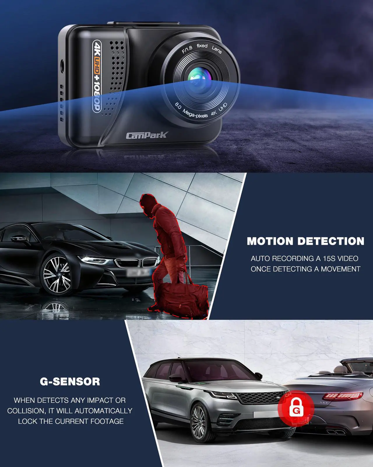 Alt view image 6 of 7 - CAMPARK Dual Dash Cam Ultra HD 4K Front &1080P Rear Car Camera Driving Recorder with GPS, Night Vision,Parking Monitor,170° Wide Angle,WDR G-Sensor, Loop Recording, Motion Detection,Support 128GB