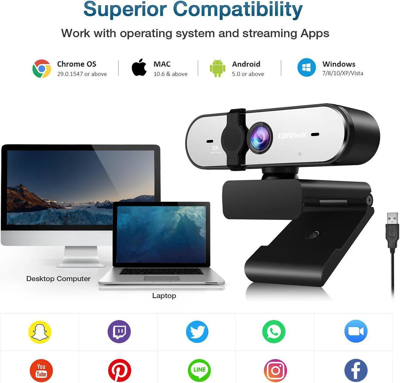 Alt view image 5 of 7 - CAMPARK 2K/1440P Webcam with Microphone for PC USB QHD Autofocus Web Cam with Webcam Cover Expandable Tripod Streaming Camera for Skype Streaming Teleconference etc.