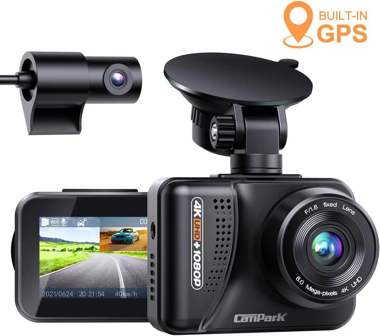 Main image of CAMPARK Dual Dash Cam Ultra HD 4K Front &1080P Rear Car Camera Driving Recorder with GPS, Night Vision,Parking Monitor,170° Wide Angle,WDR G-Sensor, Loop Recording, Motion Detection,Support 128GB