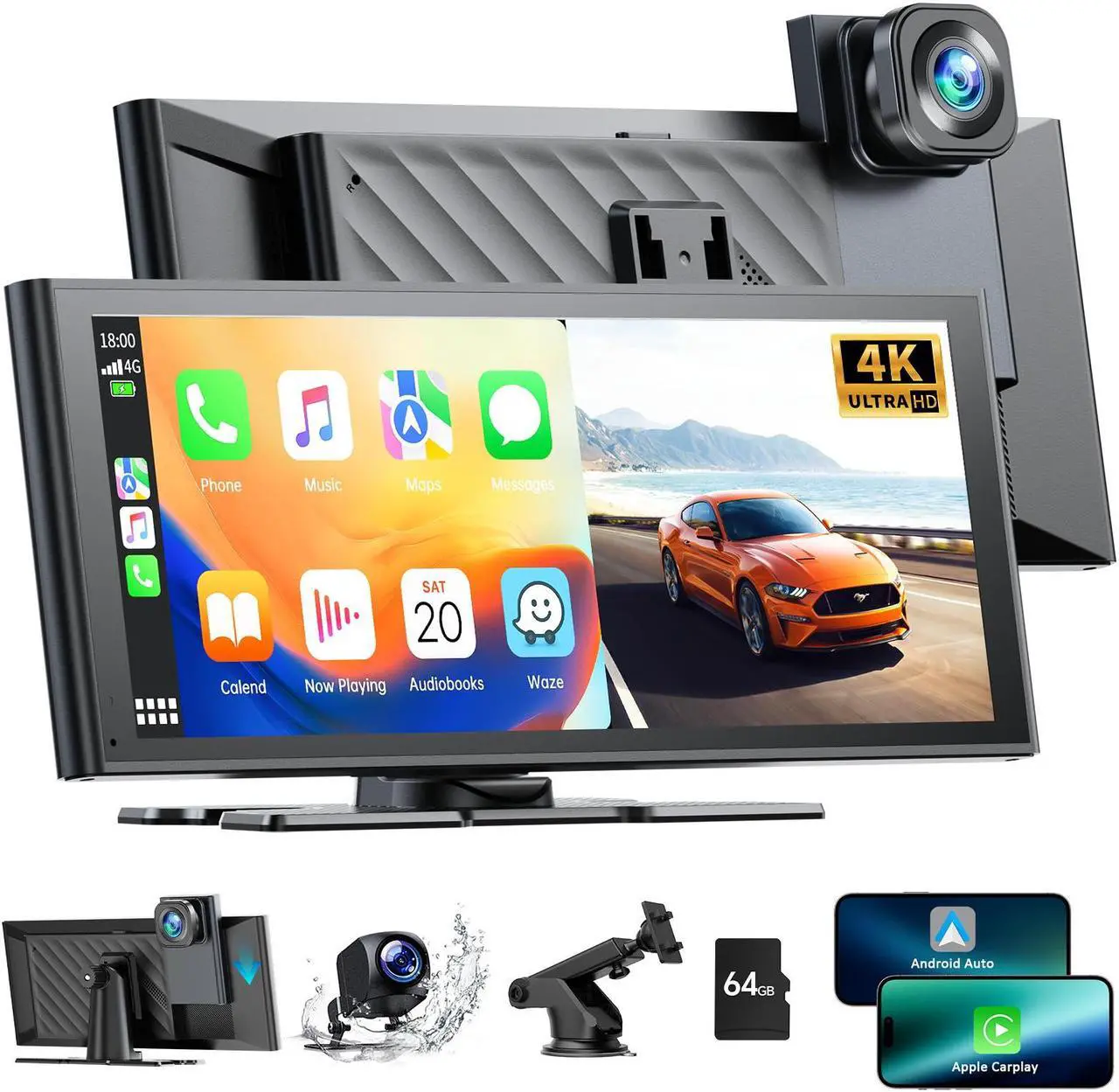 Main image of LAMTTO Apple Car Play Wireless Car Stereo with 4K Front and Rear Dash Cam, 9.26" Touch Screen, Carplay Car Radio, Android Auto, 1080P Rear View Camera/Loop Recording/GPS Navigation/Mirror Link