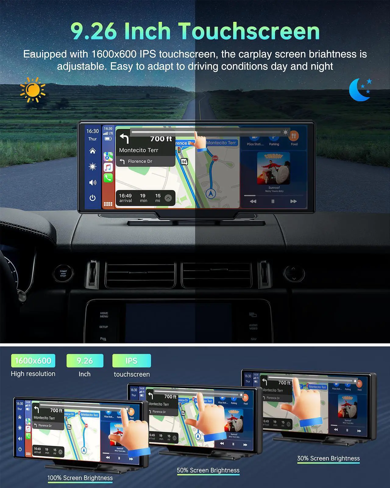 Alt view image 5 of 7 - CAMPARK Wireless Apple Carplay Car Stereo Receiver, Portable Carplay Screen GPS Navigation for Cars, 9.26 Inch Touch Screen Car Audio Receiver with Siri Assistant, Bluetooth