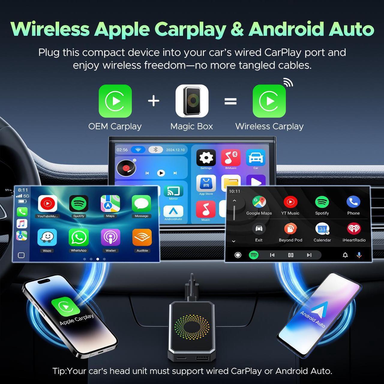 Alt view image 3 of 7 - Lamtto Wireless Carplay Adapter, 3 in 1 Magic Video Box with Built in Netflix YouTube, Dongle with USB Drive and HDMI Output for OEM Wired Apple Car Play and Ared Apple Car Play and Android Auto Cars