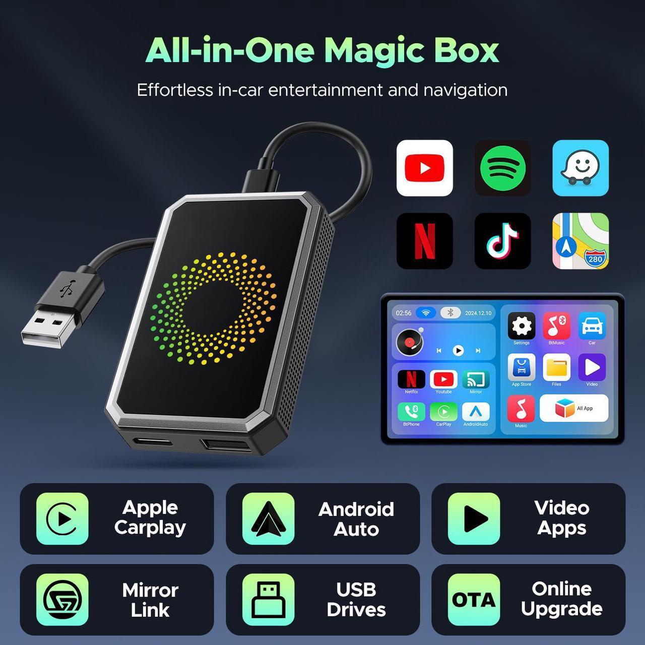 Alt view image 2 of 7 - Lamtto Wireless Carplay Adapter, 3 in 1 Magic Video Box with Built in Netflix YouTube, Dongle with USB Drive and HDMI Output for OEM Wired Apple Car Play and Ared Apple Car Play and Android Auto Cars