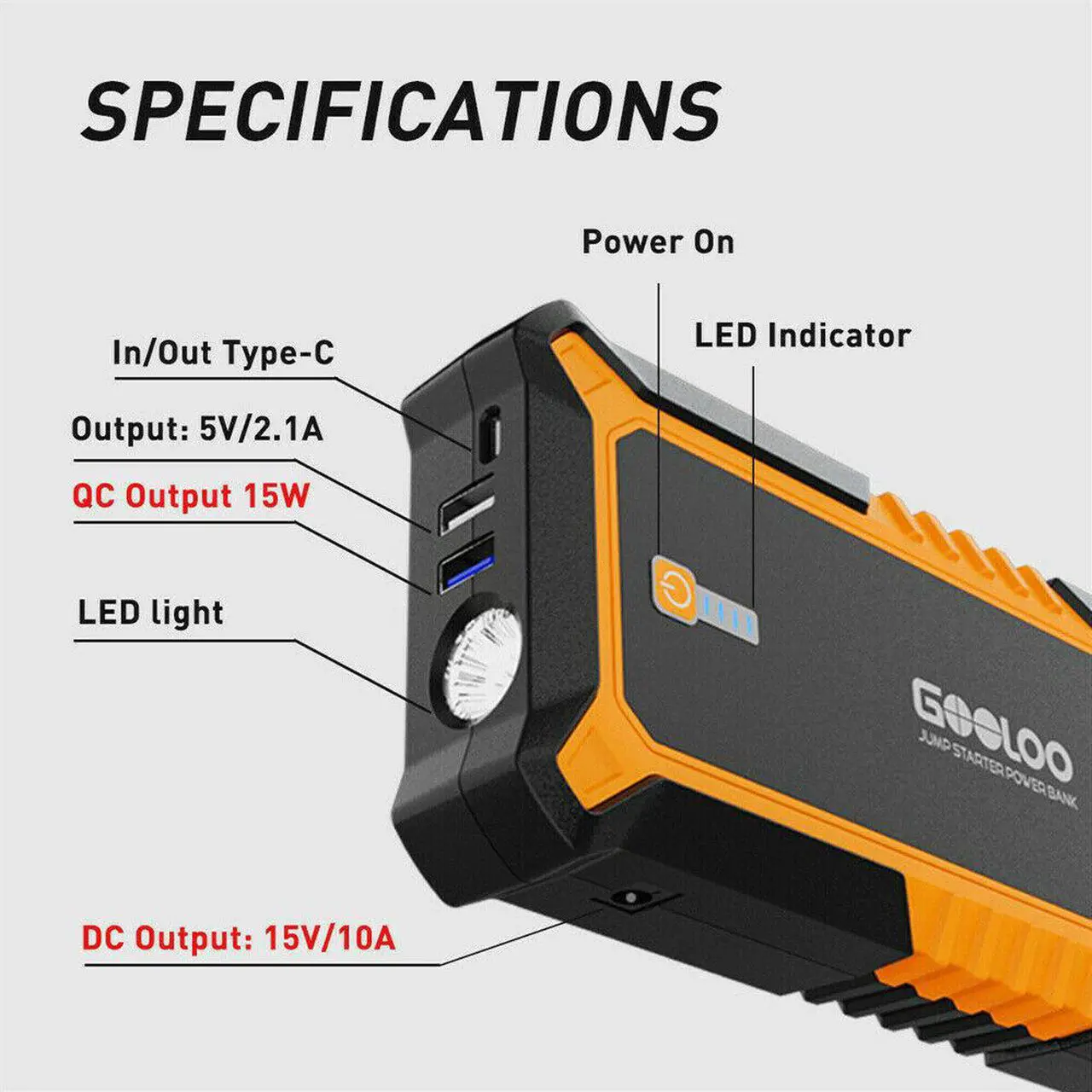 Alt view image 3 of 6 - GOOLOO 4000A Car Jump Starter 24000mAh Portable Power Bank 12V Engine Booster Pack For ALL Gas Car/ 10.0L Diesel Car QC3.0 Output Orange