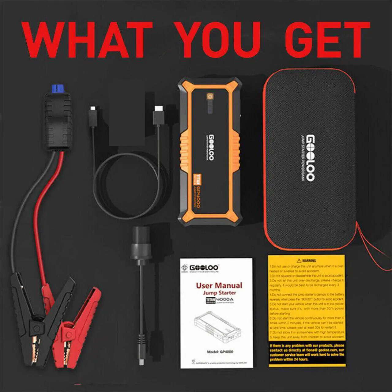 Alt view image 6 of 6 - GOOLOO 4000A Car Jump Starter 24000mAh Portable Power Bank 12V Engine Booster Pack For ALL Gas Car/ 10.0L Diesel Car QC3.0 Output Orange