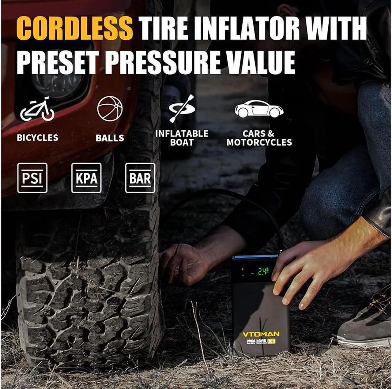 Alt view image 3 of 7 - VTOMAN X1 Car Jump Starter with Air Compressor, 2500A Battery Starter with 100PSI Digital Tire Inflator, 12V Lithium Jump Box, LIFEBMS Car Battery Booster for 8.5L Gas or 6.0L Diesel Engines