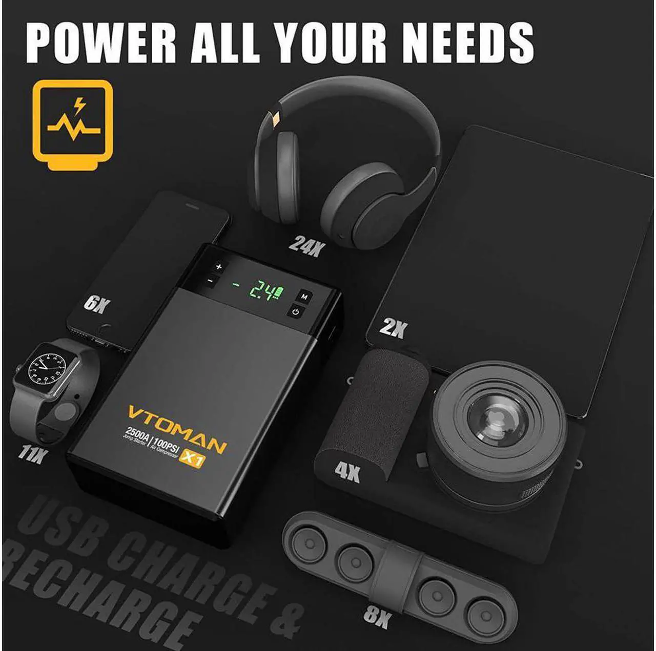 Alt view image 7 of 7 - VTOMAN X1 Car Jump Starter with Air Compressor, 2500A Battery Starter with 100PSI Digital Tire Inflator, 12V Lithium Jump Box, LIFEBMS Car Battery Booster for 8.5L Gas or 6.0L Diesel Engines